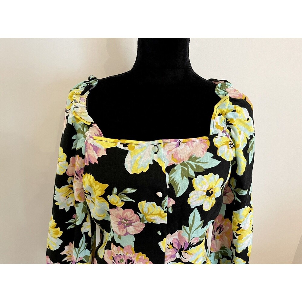 Who What Wear Floral Black Long Sleeve Linen Square Neck Top Size Large NWT! - Picture 2 of 7